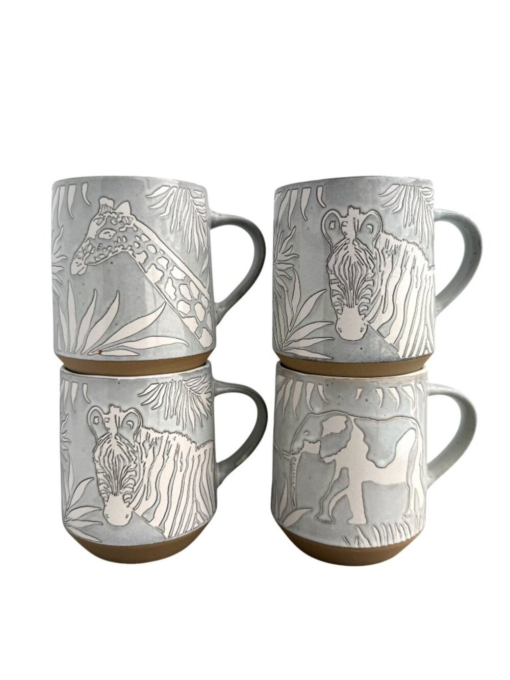 Pier 1 Zebra Giraffe Elephant Stoneware Coffee Mug Jungle Animals 4-pc Set